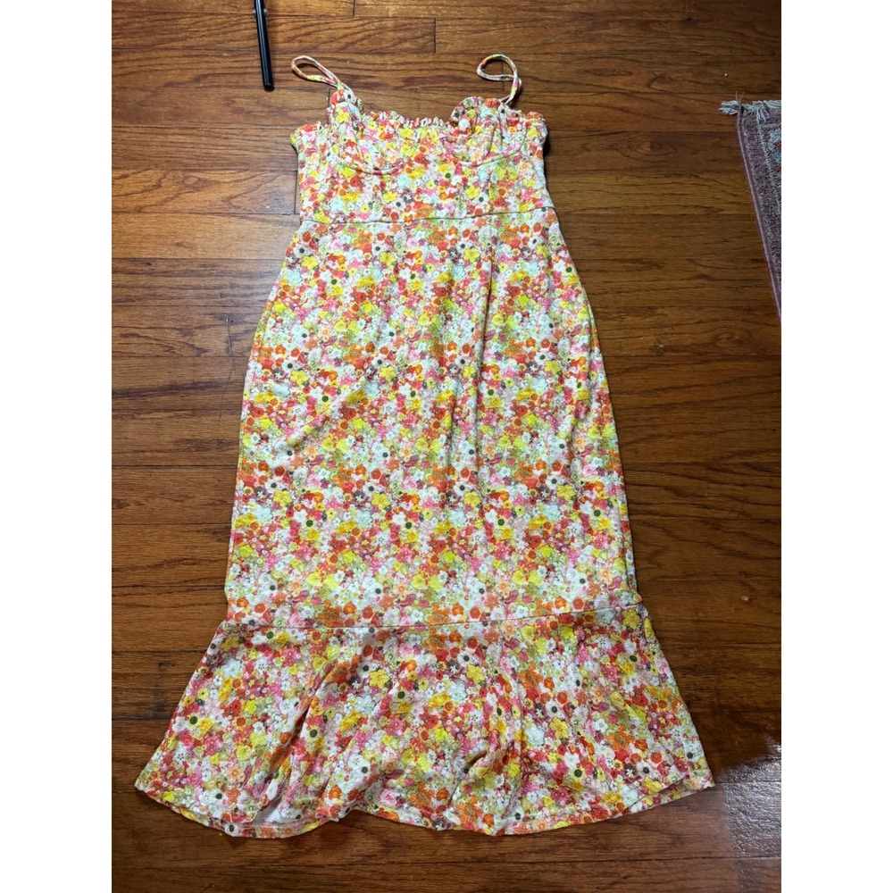 Hutch Women Floral Bustier Midi Dress Orange Yellow Pink Ruffle Hem Size M
